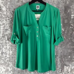 NEW Anne Klein Size L Casual V Neck Top Green Pockets Pullover Button NWT